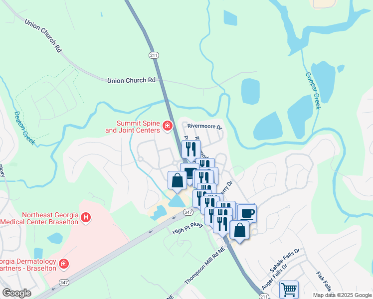 map of restaurants, bars, coffee shops, grocery stores, and more near 5964 Park Bend Avenue in Braselton