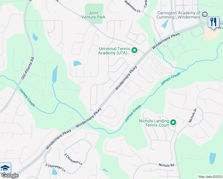 map of restaurants, bars, coffee shops, grocery stores, and more near 4060 Brumby Lane in Cumming