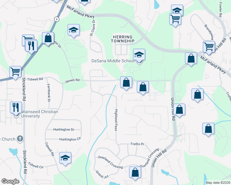 map of restaurants, bars, coffee shops, grocery stores, and more near 3040 Highland Pass in Alpharetta