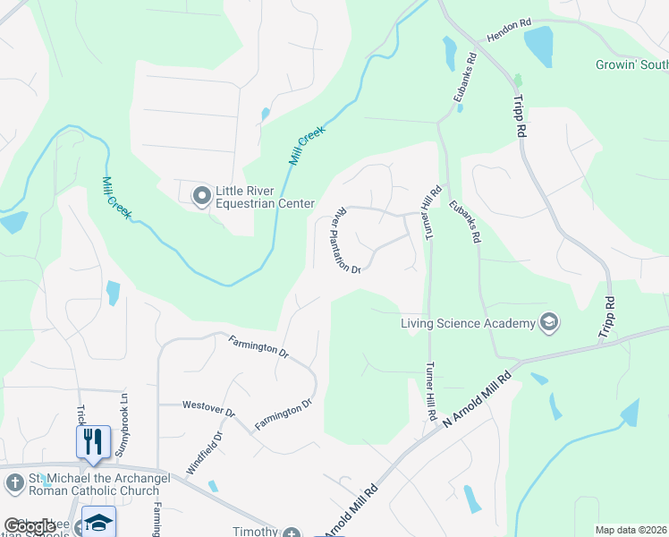 map of restaurants, bars, coffee shops, grocery stores, and more near 1050 River Plantation Drive in Woodstock