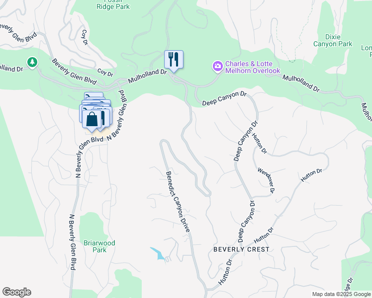 map of restaurants, bars, coffee shops, grocery stores, and more near 3025 Benedict Canyon Drive in Beverly Hills