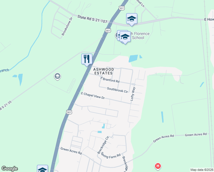 map of restaurants, bars, coffee shops, grocery stores, and more near 216 East Branford Road in Florence