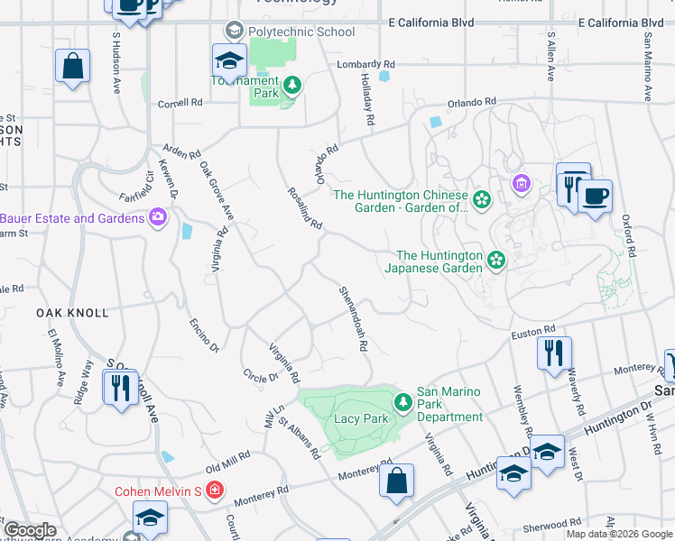 map of restaurants, bars, coffee shops, grocery stores, and more near 1130 Shenandoah Road in San Marino