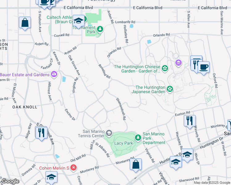 map of restaurants, bars, coffee shops, grocery stores, and more near 1146 Shenandoah Road in San Marino