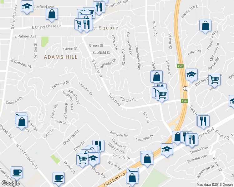 map of restaurants, bars, coffee shops, grocery stores, and more near 1627 Marion Drive in Glendale