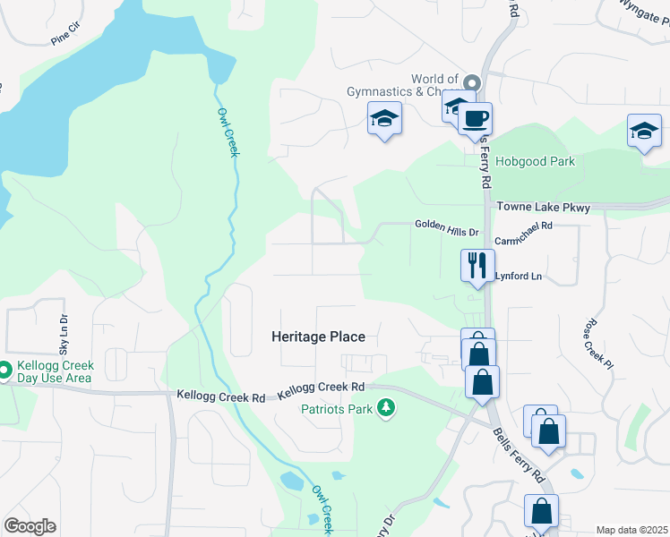 map of restaurants, bars, coffee shops, grocery stores, and more near 712 Copper Trace Way in Woodstock