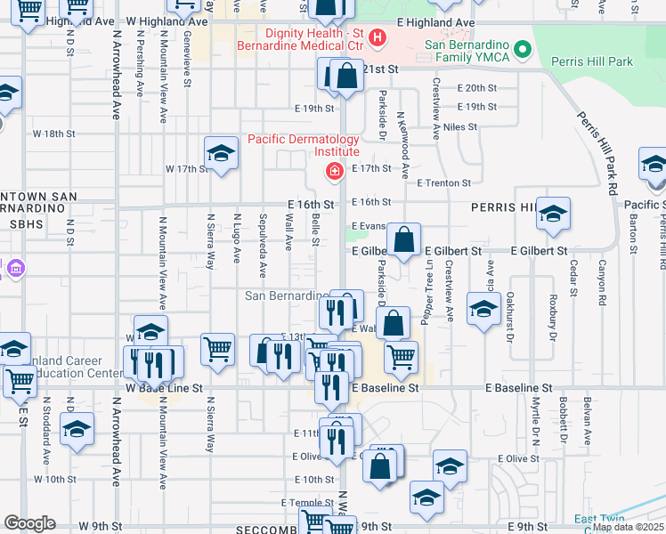 map of restaurants, bars, coffee shops, grocery stores, and more near 1450 North Waterman Avenue in San Bernardino