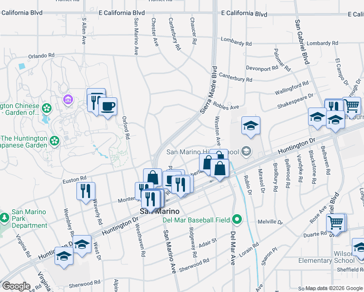 map of restaurants, bars, coffee shops, grocery stores, and more near 2421 Ridgeway Road in San Marino