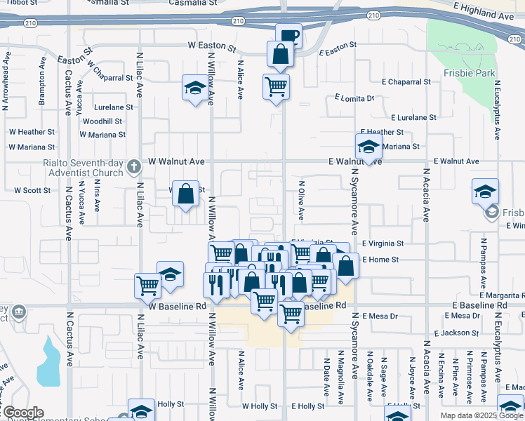 map of restaurants, bars, coffee shops, grocery stores, and more near 153 West Cascade Drive in Rialto