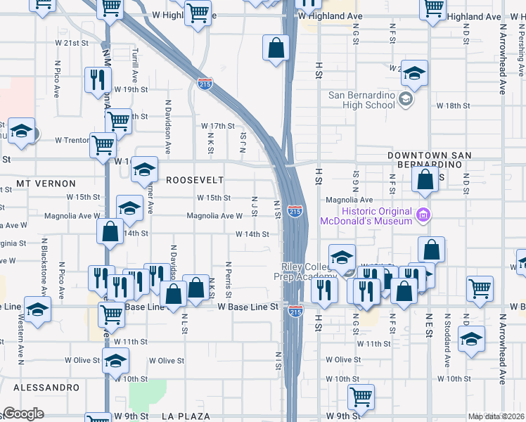 map of restaurants, bars, coffee shops, grocery stores, and more near 958 Magnolia Avenue West in San Bernardino
