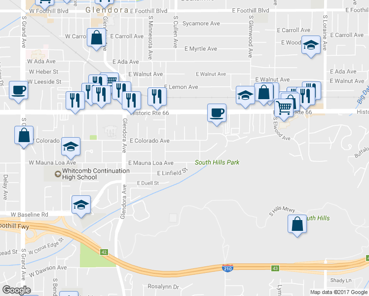 map of restaurants, bars, coffee shops, grocery stores, and more near 449 East Haltern Avenue in Glendora
