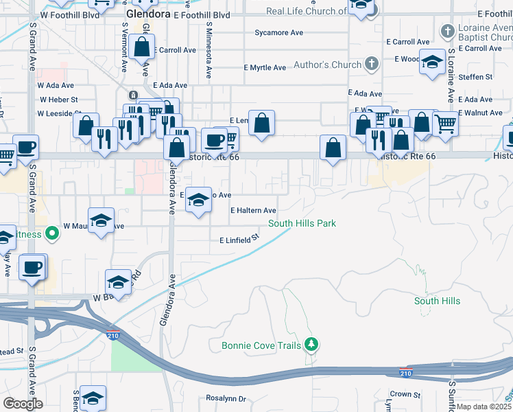 map of restaurants, bars, coffee shops, grocery stores, and more near 449 East Haltern Avenue in Glendora