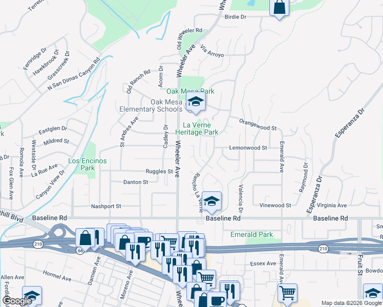 map of restaurants, bars, coffee shops, grocery stores, and more near 1441 Vía Corta in La Verne
