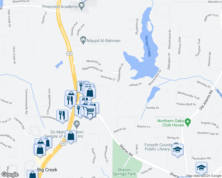 map of restaurants, bars, coffee shops, grocery stores, and more near 1695 Heritage Drive in Cumming