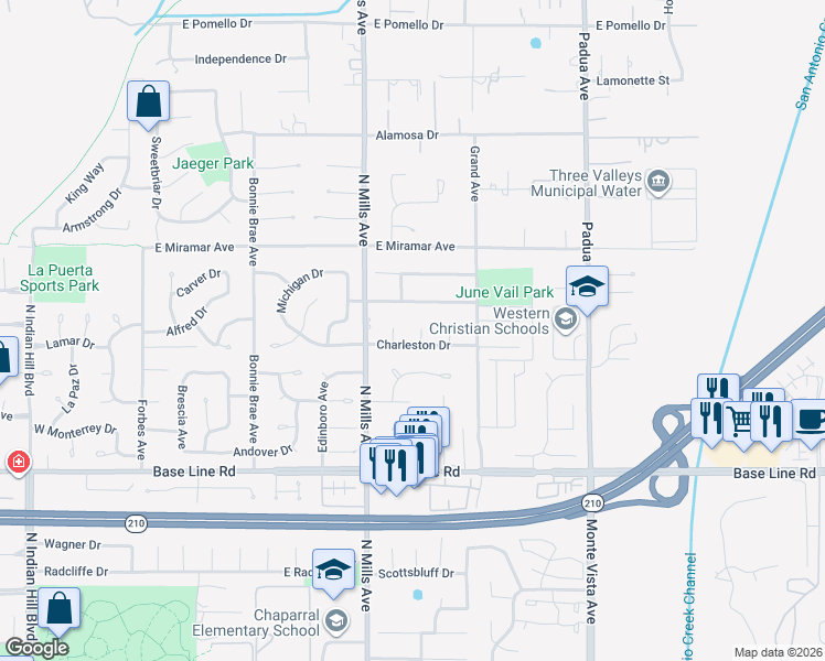 map of restaurants, bars, coffee shops, grocery stores, and more near 2321 Weatherford Court in Claremont