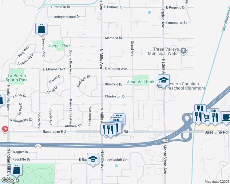 map of restaurants, bars, coffee shops, grocery stores, and more near 2321 Weatherford Court in Claremont