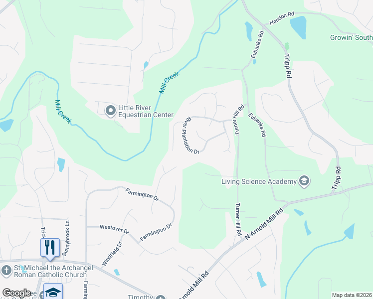 map of restaurants, bars, coffee shops, grocery stores, and more near 1050 River Plantation Drive in Woodstock