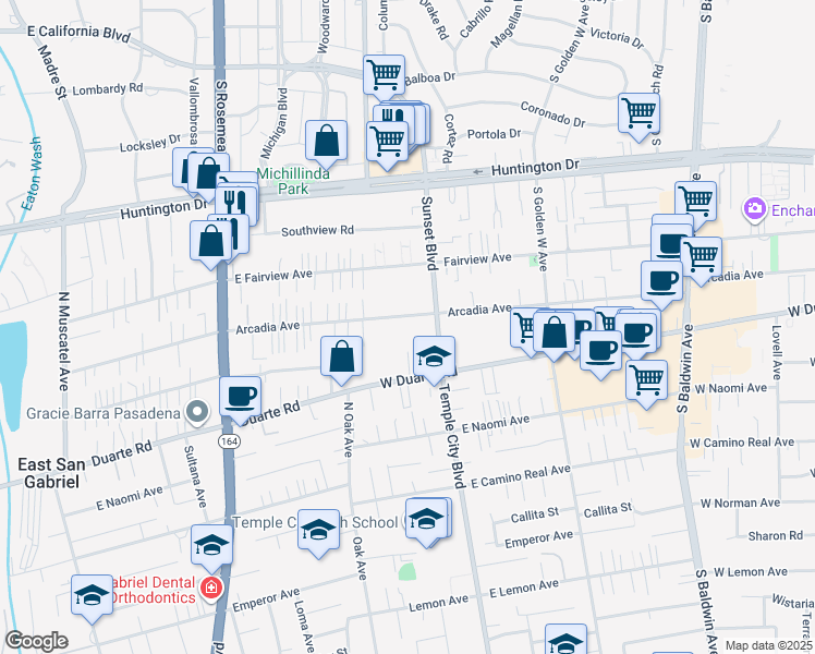 map of restaurants, bars, coffee shops, grocery stores, and more near 1122 Arcadia Avenue in Arcadia