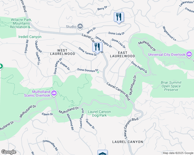 map of restaurants, bars, coffee shops, grocery stores, and more near 11231 Briarcliff Lane in Los Angeles