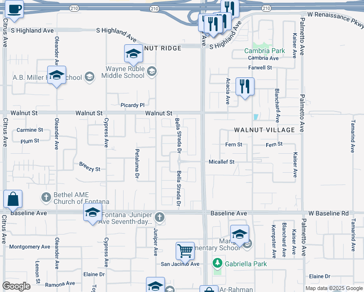 map of restaurants, bars, coffee shops, grocery stores, and more near 7013 Bella Strada Drive in Fontana
