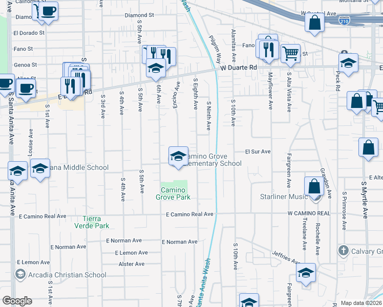 map of restaurants, bars, coffee shops, grocery stores, and more near 1227 South Eighth Avenue in Arcadia