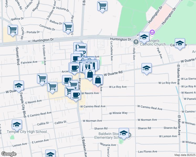 map of restaurants, bars, coffee shops, grocery stores, and more near in Arcadia
