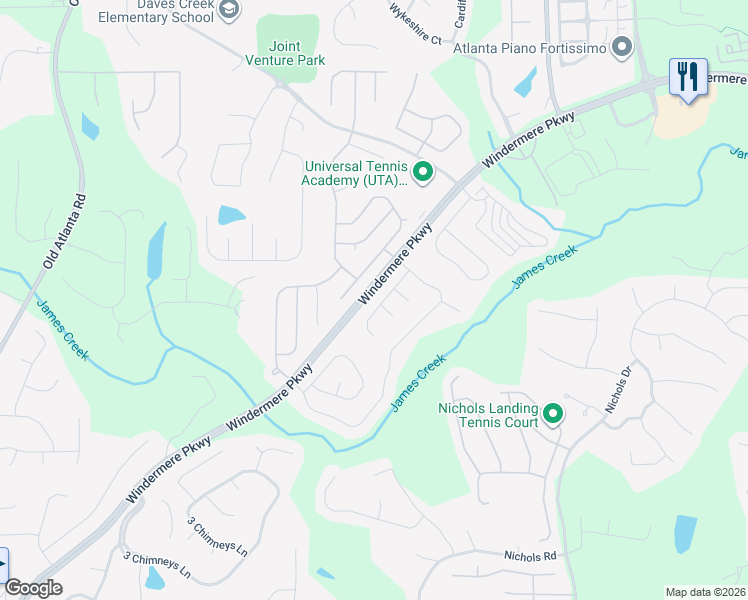map of restaurants, bars, coffee shops, grocery stores, and more near 4340 Sandalwood Way in Cumming