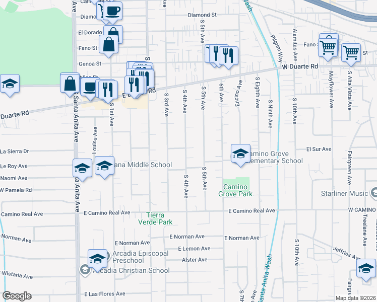 map of restaurants, bars, coffee shops, grocery stores, and more near 1210 South 4th Avenue in Arcadia