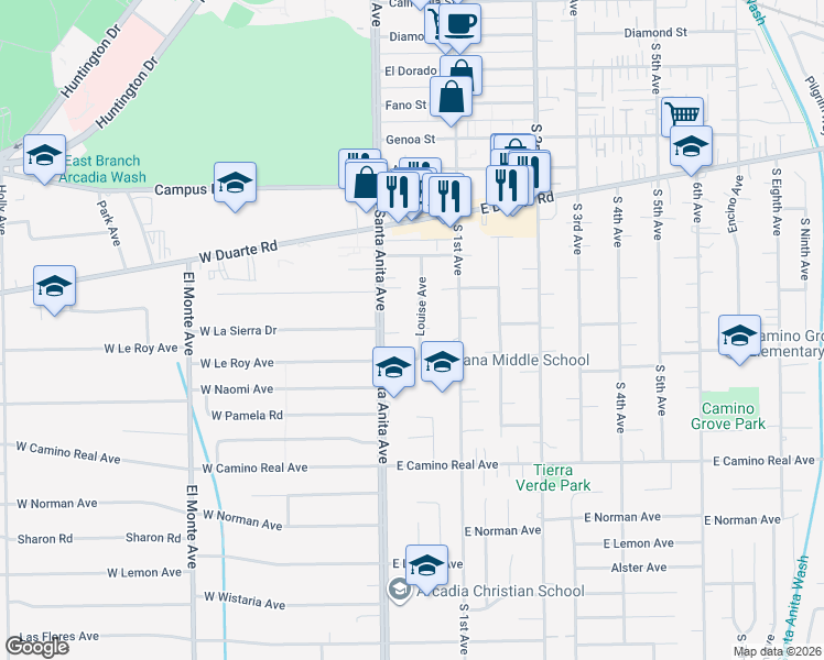 map of restaurants, bars, coffee shops, grocery stores, and more near 1221 Louise Avenue in Arcadia