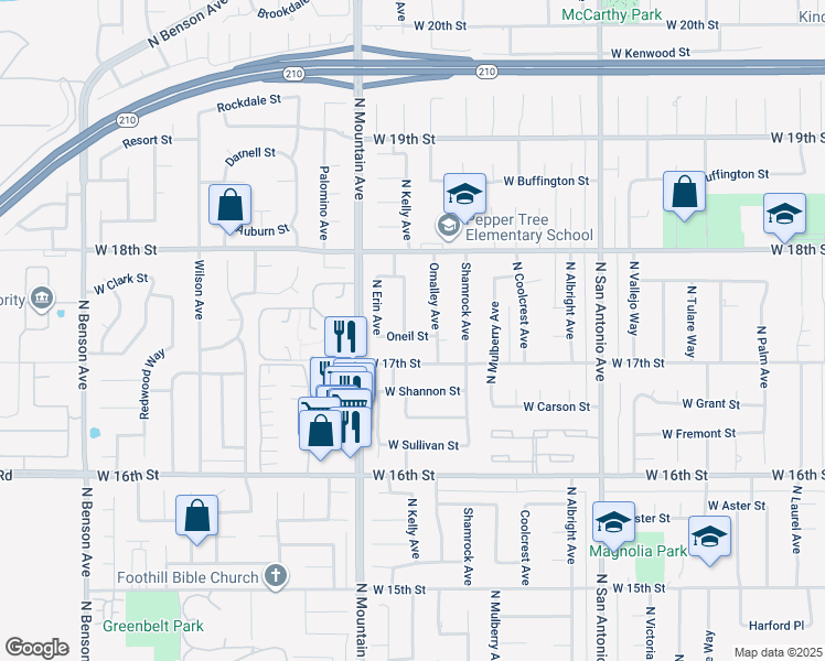 map of restaurants, bars, coffee shops, grocery stores, and more near 1728 North Kelly Avenue in Upland