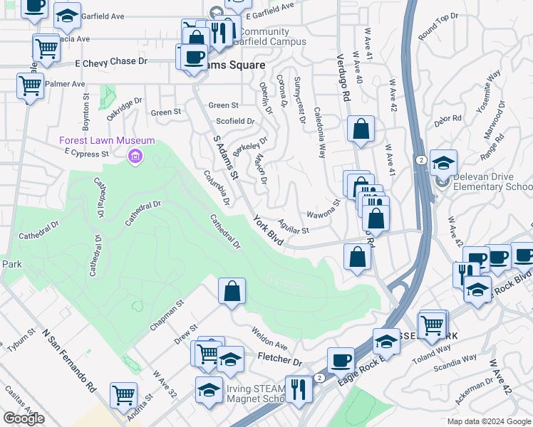 map of restaurants, bars, coffee shops, grocery stores, and more near 3713 Aguilar Street in Los Angeles