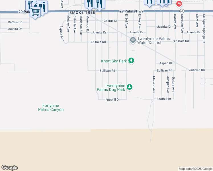 map of restaurants, bars, coffee shops, grocery stores, and more near 6996 Estrella Avenue in Twentynine Palms
