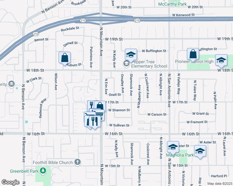 map of restaurants, bars, coffee shops, grocery stores, and more near 1728 North Kelly Avenue in Upland