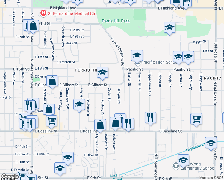 map of restaurants, bars, coffee shops, grocery stores, and more near 935 East Gilbert Street in San Bernardino