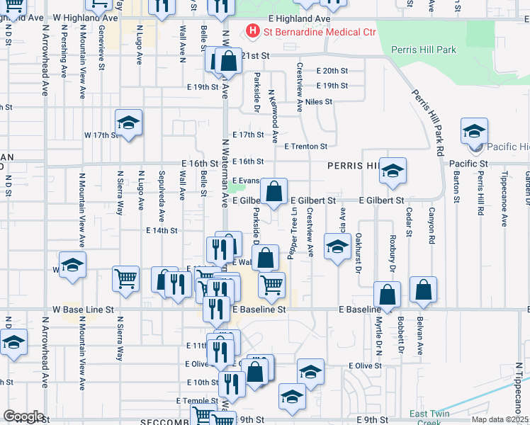 map of restaurants, bars, coffee shops, grocery stores, and more near 461 East Gilbert Street in San Bernardino