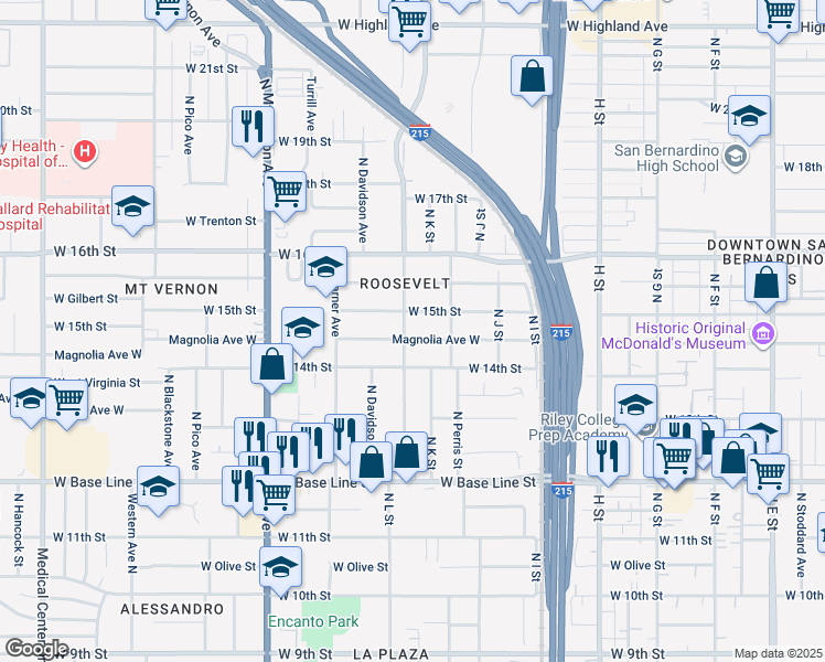 map of restaurants, bars, coffee shops, grocery stores, and more near 1071 West 15th Street in San Bernardino