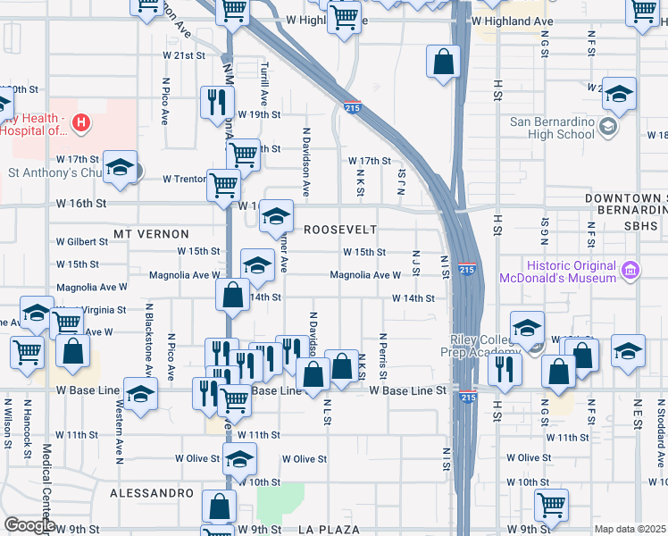 map of restaurants, bars, coffee shops, grocery stores, and more near 1123 West 15th Street in San Bernardino