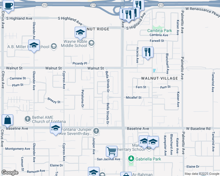map of restaurants, bars, coffee shops, grocery stores, and more near 7013 Bella Strada Drive in Fontana