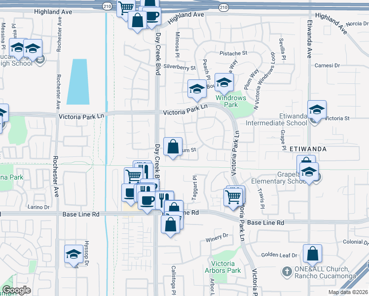 map of restaurants, bars, coffee shops, grocery stores, and more near 7019 Basswood Place in Rancho Cucamonga