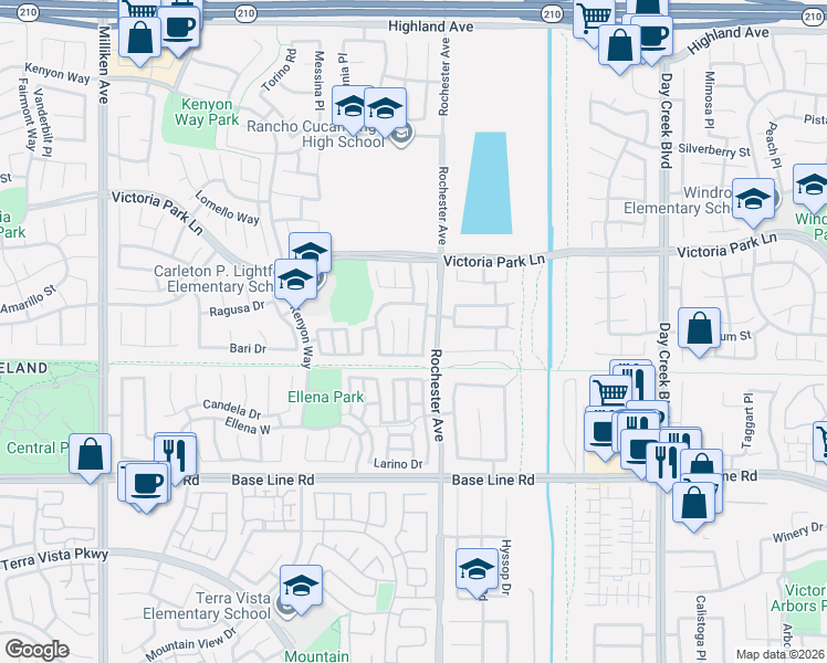 map of restaurants, bars, coffee shops, grocery stores, and more near 7021 Pizzoli Place in Rancho Cucamonga