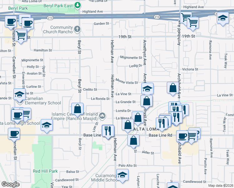 map of restaurants, bars, coffee shops, grocery stores, and more near 9358 La Vine Street in Rancho Cucamonga