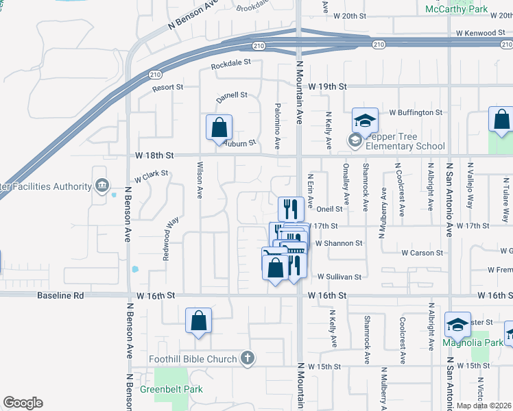 map of restaurants, bars, coffee shops, grocery stores, and more near 1324 Shadow Circle in Upland