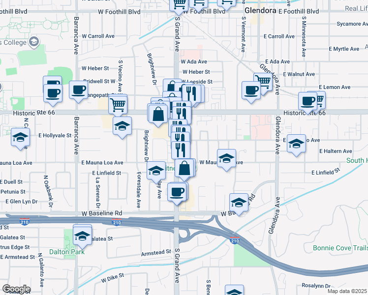 map of restaurants, bars, coffee shops, grocery stores, and more near 520 West Colorado Avenue in Glendora
