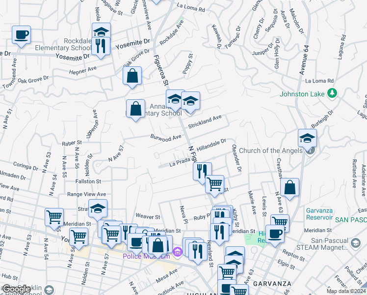 map of restaurants, bars, coffee shops, grocery stores, and more near 6822 North Figueroa Street in Los Angeles