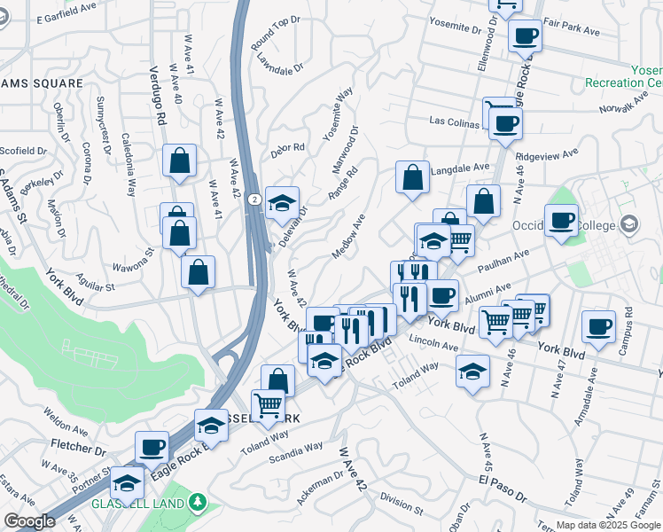 map of restaurants, bars, coffee shops, grocery stores, and more near 2718 Dicturn Street in Los Angeles