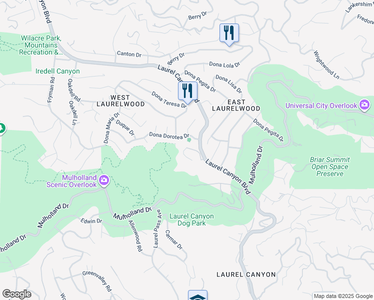 map of restaurants, bars, coffee shops, grocery stores, and more near 11231 Briarcliff Lane in Los Angeles