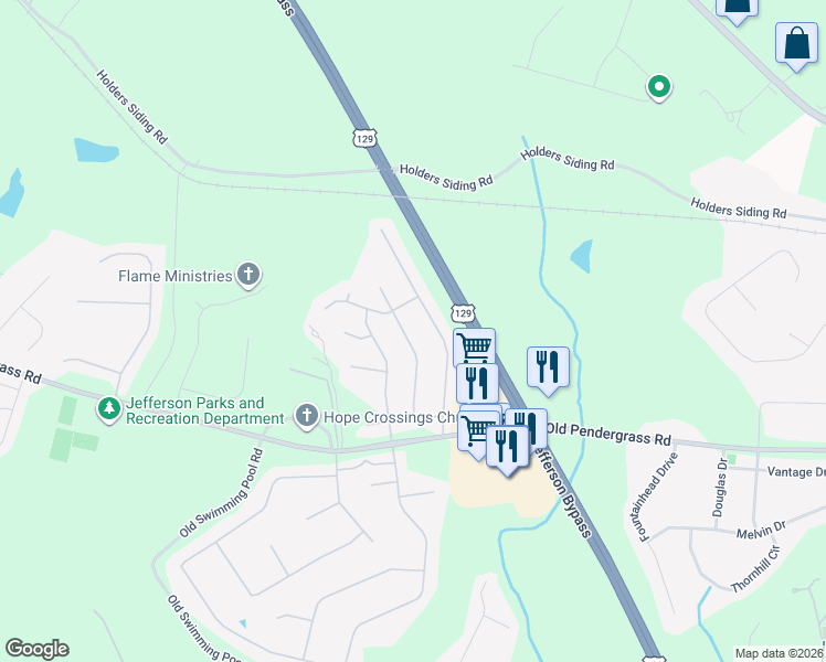 map of restaurants, bars, coffee shops, grocery stores, and more near 996 Jasmine Drive in Jefferson