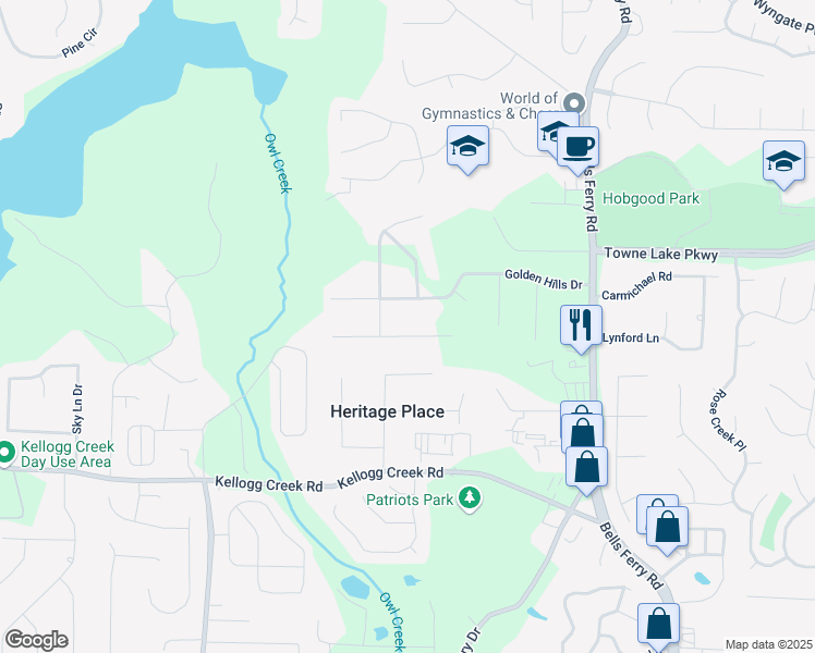 map of restaurants, bars, coffee shops, grocery stores, and more near 712 Copper Trace Way in Woodstock
