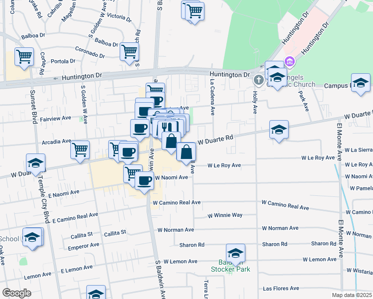 map of restaurants, bars, coffee shops, grocery stores, and more near in Arcadia