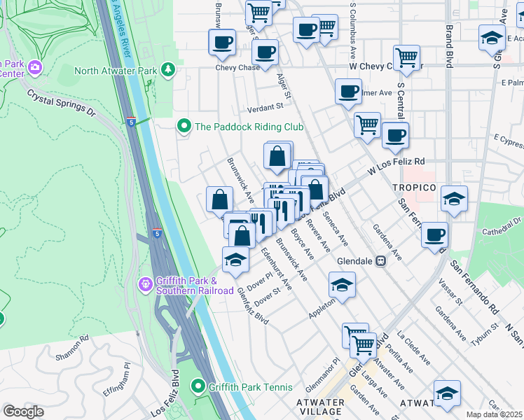 map of restaurants, bars, coffee shops, grocery stores, and more near 4045 Brunswick Avenue in Los Angeles